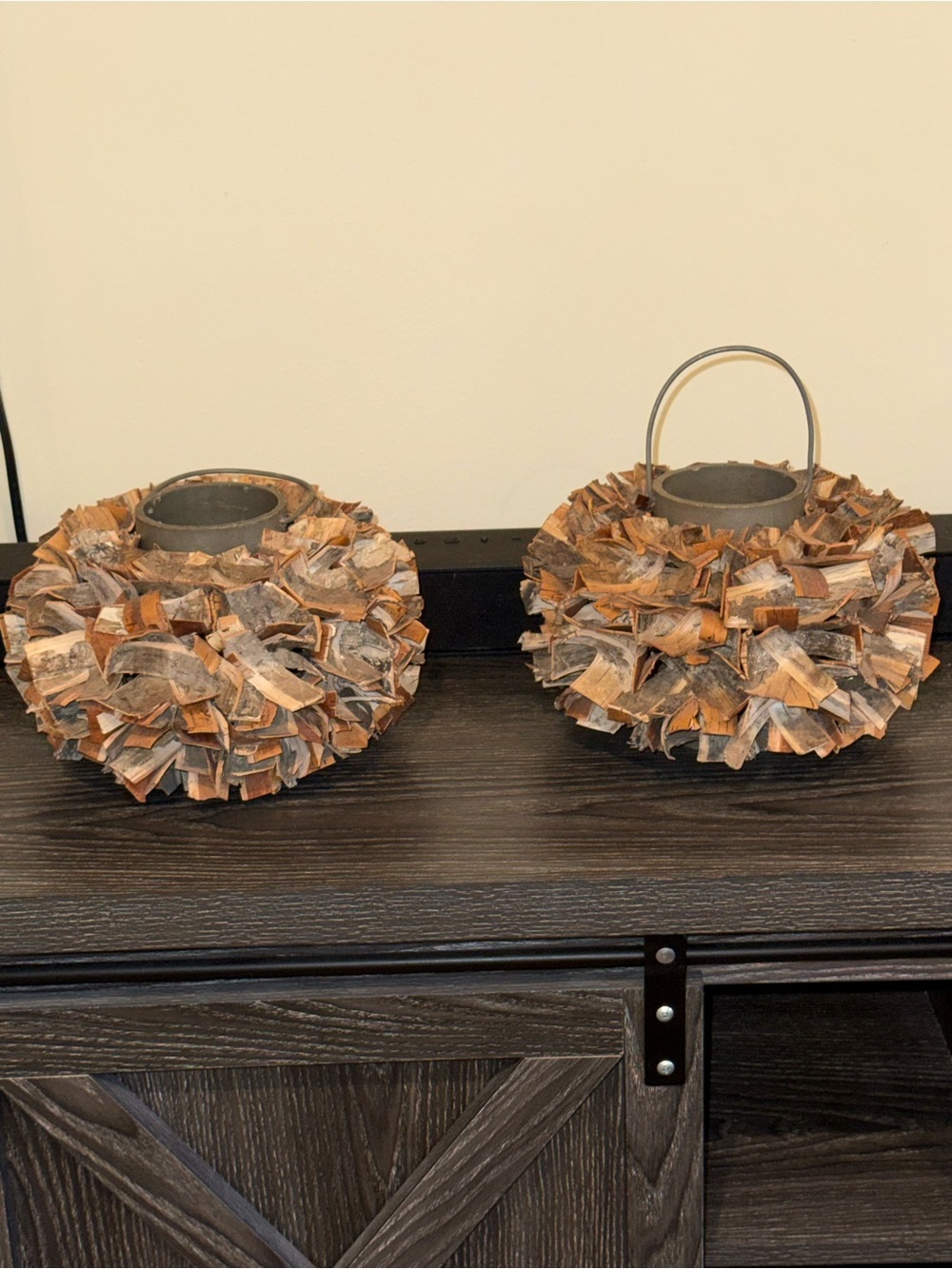 Wood chip design metal lantern for candles handle for hanging or sitting